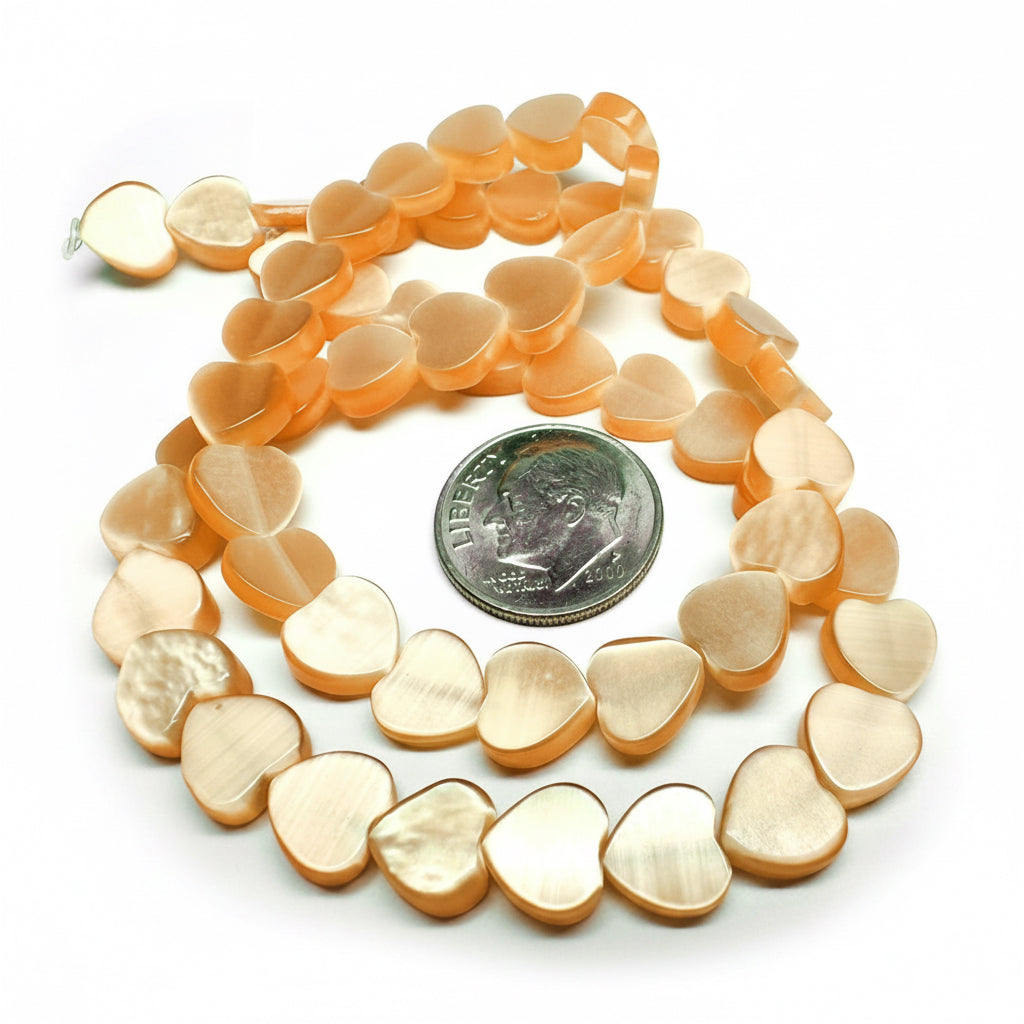 Orange Cat's Eye Fiber Optic Glass Flat Heart Beads, 8mm, 1 Strand (approx. 50)