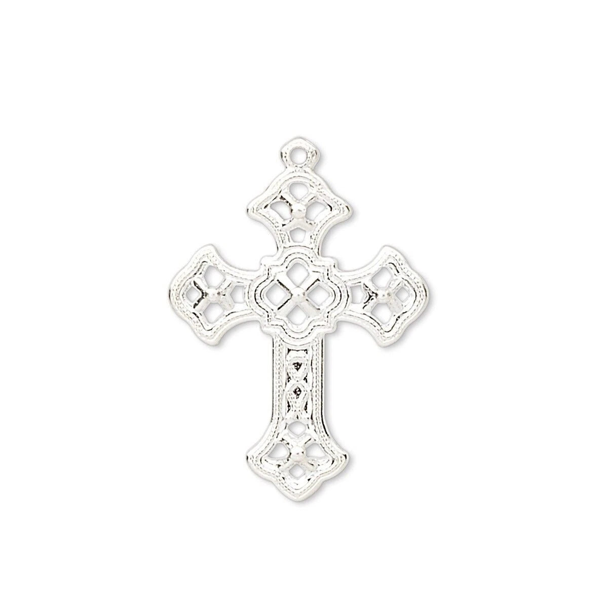 Silver Plated Brass Filigree Cross Charms, 24x18mm - Pack of 50