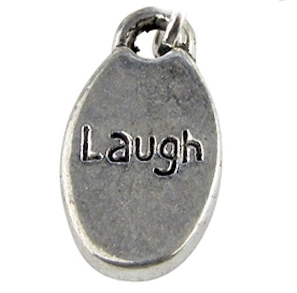 Antiqued Silver Brass "Laugh" Word Oval Charm Drops, 9x15mm, 10 pcs