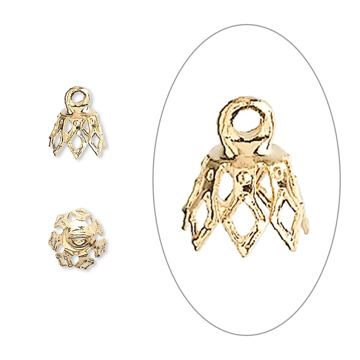 Gold Plated Brass Filigree Bell Bead Caps, 8x5.5mm, 7-Prong — 100 pcs