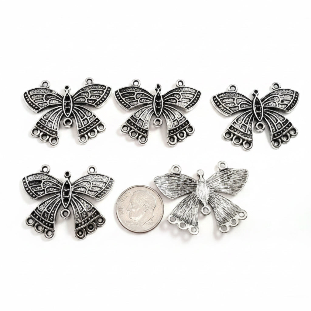 Antiqued Silver Plated Pewter 35x22mm Butterfly Link Connector with 10 Loops, 5 pcs