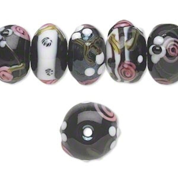 Lampwork Glass White Pink Black Floral Bumpy Rondelle Beads, 20 pcs