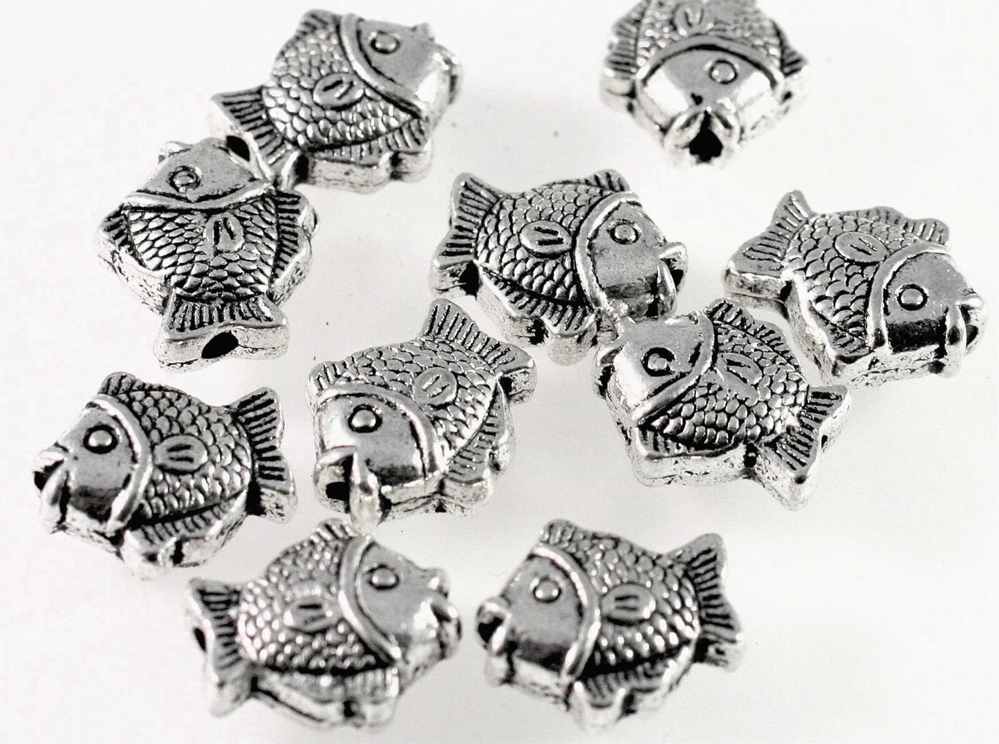 Antiqued Silver Plated Pewter 15x13mm Double Sided Puffed Fish Beads, 10 pcs