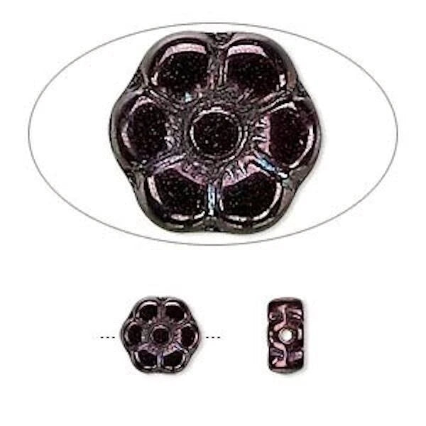 Czech Pressed Glass Purple Bronze Flower Beads, 8.5x4.5mm, 1 Strand (approx. 50)
