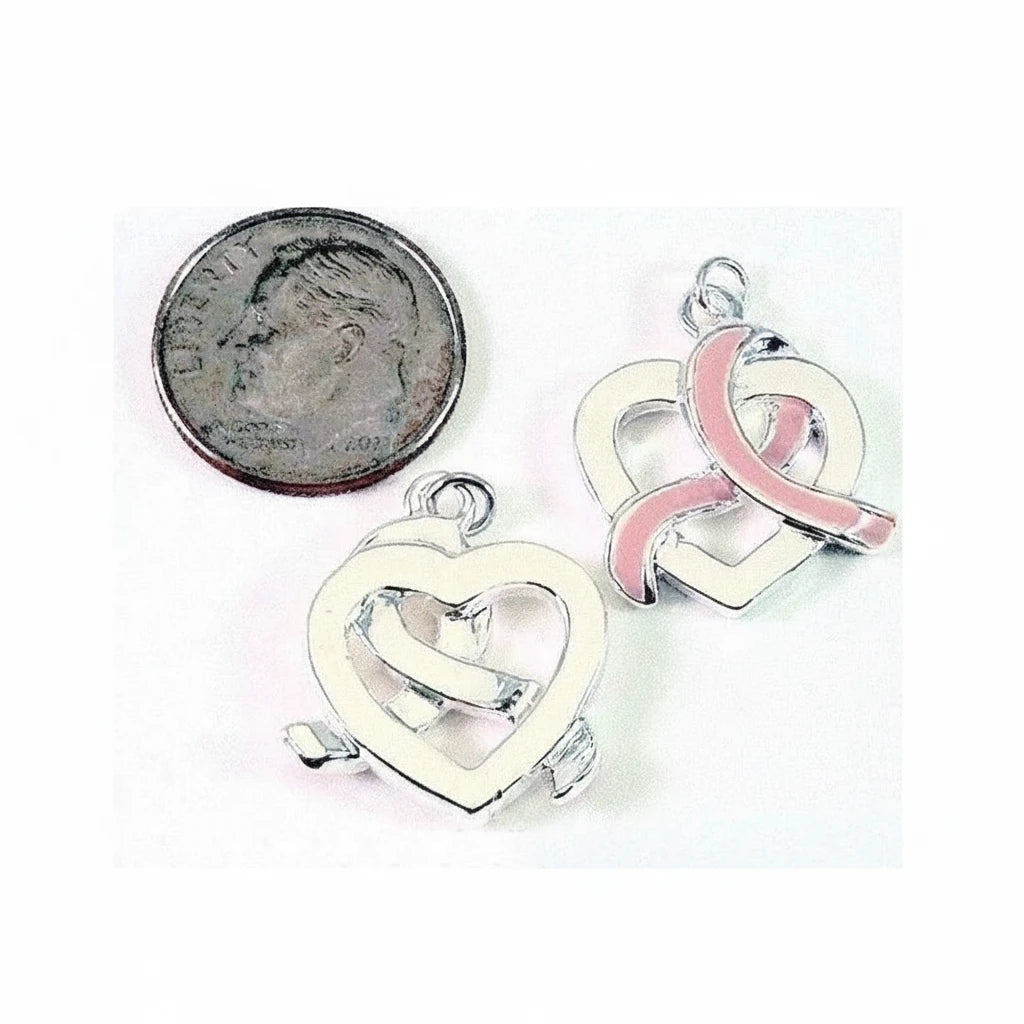 Silver-Plated Enameled Pink Ribbon Awareness Heart Charms, 18x20mm, 2 pcs