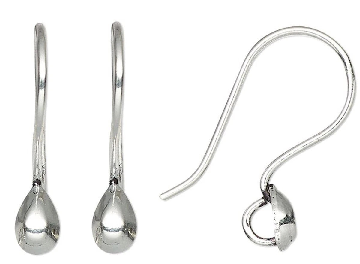 Silver Plated Copper Fishhook Ear Wires with Teardrop Half Ball, 12x18.5mm, 10 Pairs