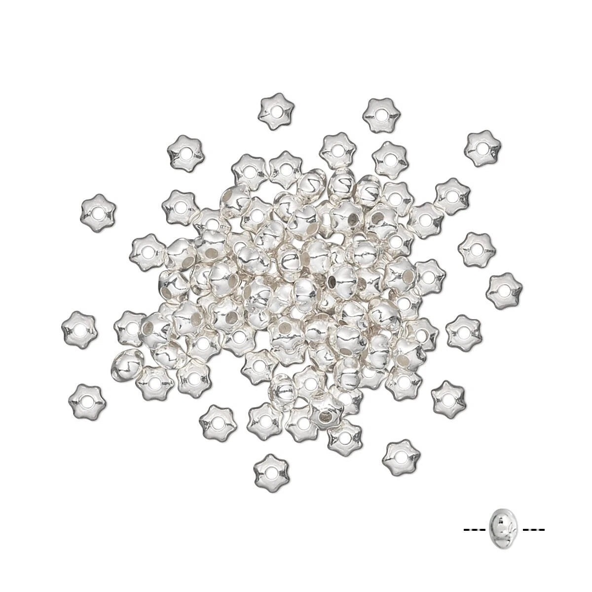A pile of small silver star-shaped seed beads with a single bead shown separately at the bottom right on a plain white background.