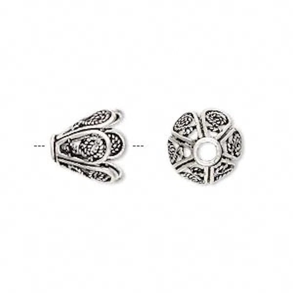 Sterling Silver Flower Bead Cap, Antiqued, 10x11mm, 1 pc