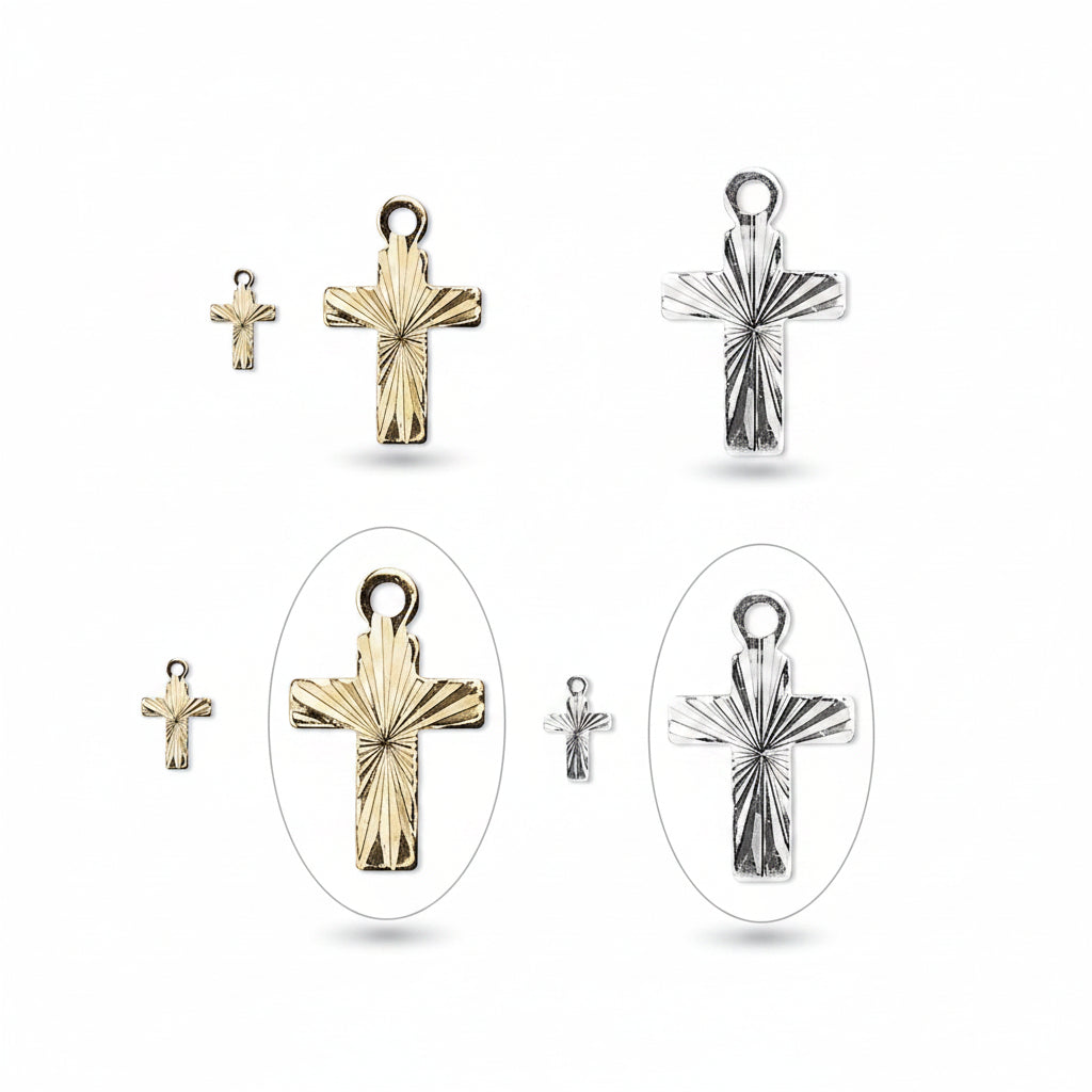 Four cross-shaped pendants on a white background