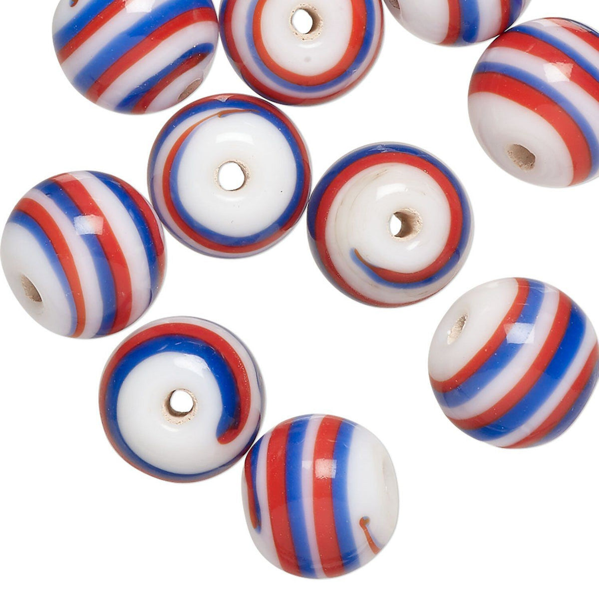 Round beads with red, white, and blue stripes on a white background