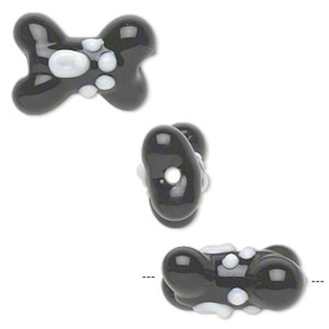 Lampwork Glass Black & White Double-Sided Dog Bone with Paw Print 13x20mm Beads, 4 pcs