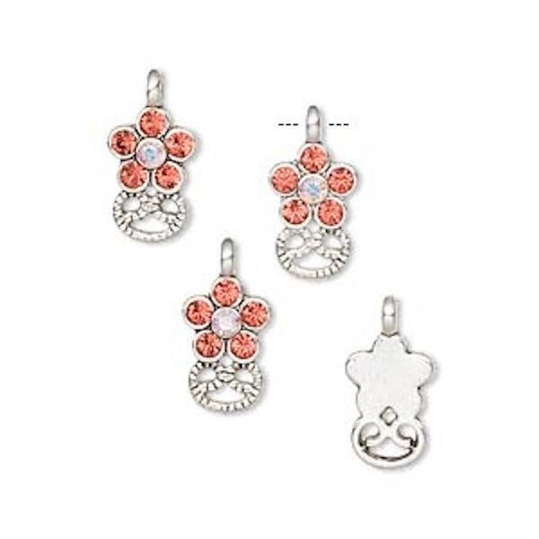 Silver Pewter Flower Charms with Swarovski Hyacinth Crystal, 14x7mm, 4 pcs