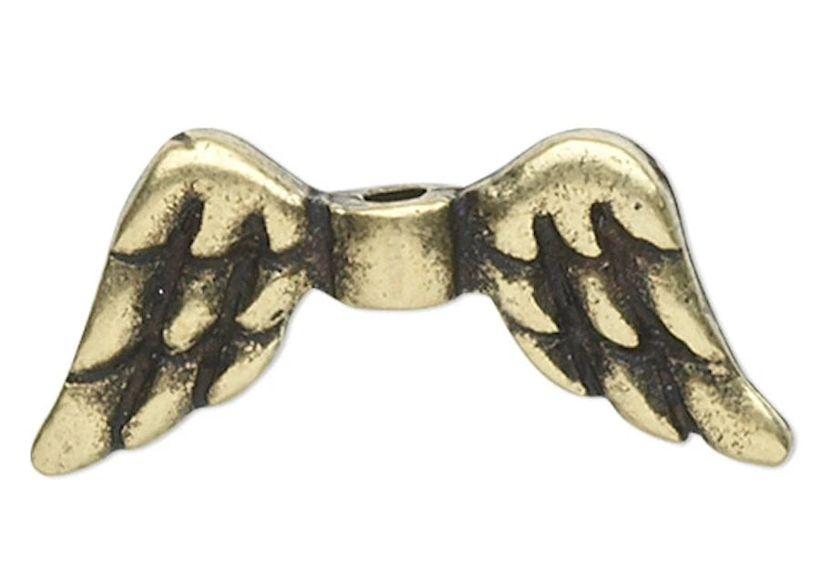 Antiqued Brass Plated Pewter Double-Sided Angel Wing Beads, 20x9mm, 2 pcs