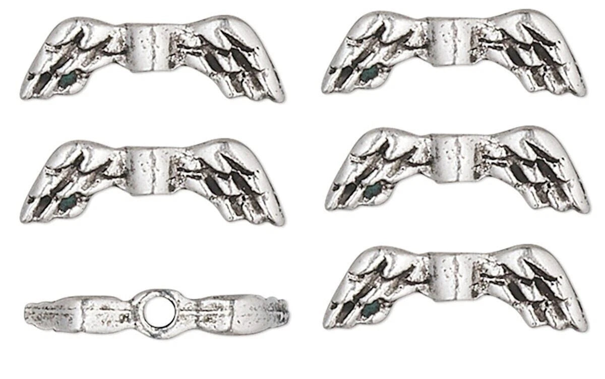 Antiqued Silver Pewter Double-Sided Angel Wing Beads, 13x4.5mm, 6 pcs