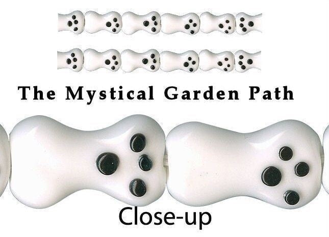 Lampwork Glass Black & White Dog Bone with Paw Print 12x20mm Beads, 6 pcs