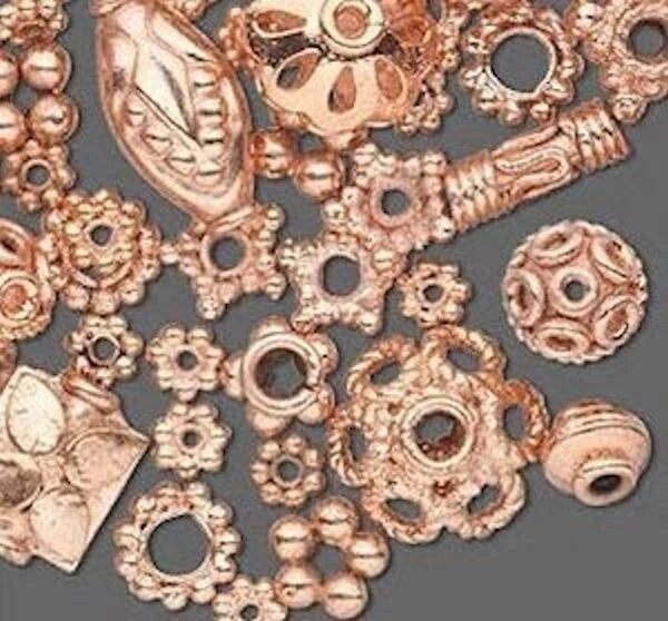 Copper Bead & Bead Cap Design Mix, Assorted Sizes, 50g (60-70 pcs)