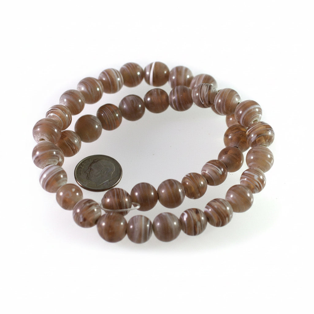 Lampwork Glass Brown White Swirl 9-10mm Round Beads, 1 Strand (approx. 38-42)