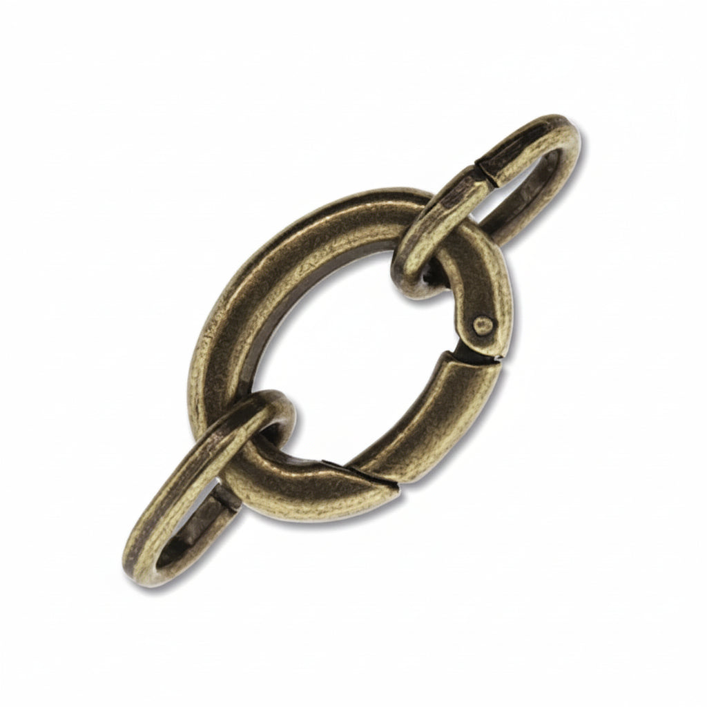 An antique bronze split ring clasp with a textured finish, isolated on a white background.