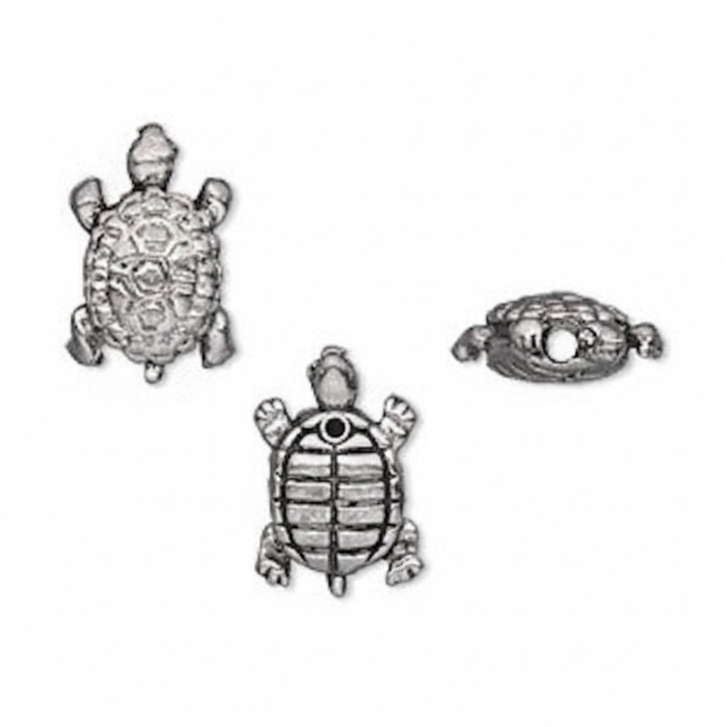 Antiqued Silver Plated Pewter Double-Sided Turtle Beads 10x15mm — 2 pcs