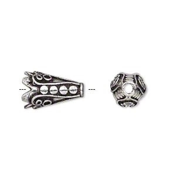 Antiqued Silver Plated Brass Dot & Scroll Cone Bead Caps, 15x9mm, 2 pcs