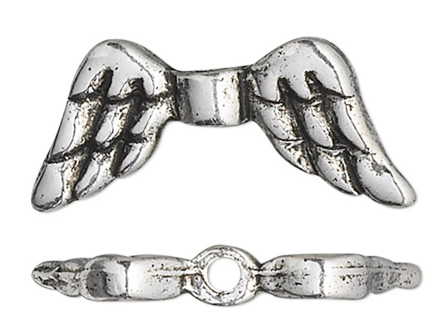 Antiqued Silver Pewter Double-Sided Angel Wing Beads, 20x9mm, 2 pcs