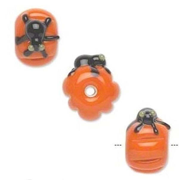 Lampwork Glass Orange & Black Spider Pumpkin 19x11mm Halloween Beads, 2 pcs