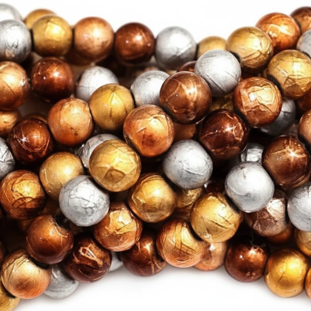 Silver Gold Copper Bronze Round Textured Glass Beads, 12mm, 1 Strand (approx. 34)