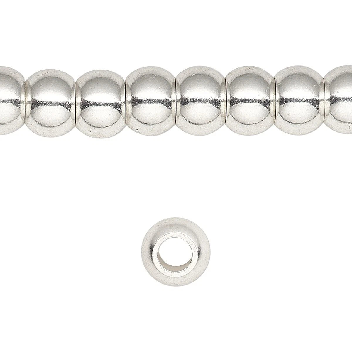 Silver Plated Solid Brass 8x6mm Pony Beads, Large Hole 4mm, 1 Strand (approx. 66)