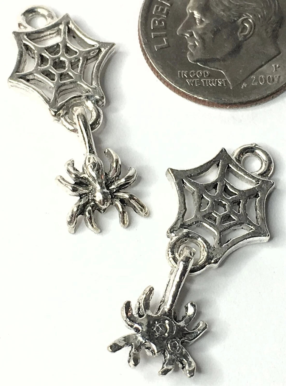Antiqued Pewter Swinging Spider with Web Charms, 26x12mm, 2 pcs
