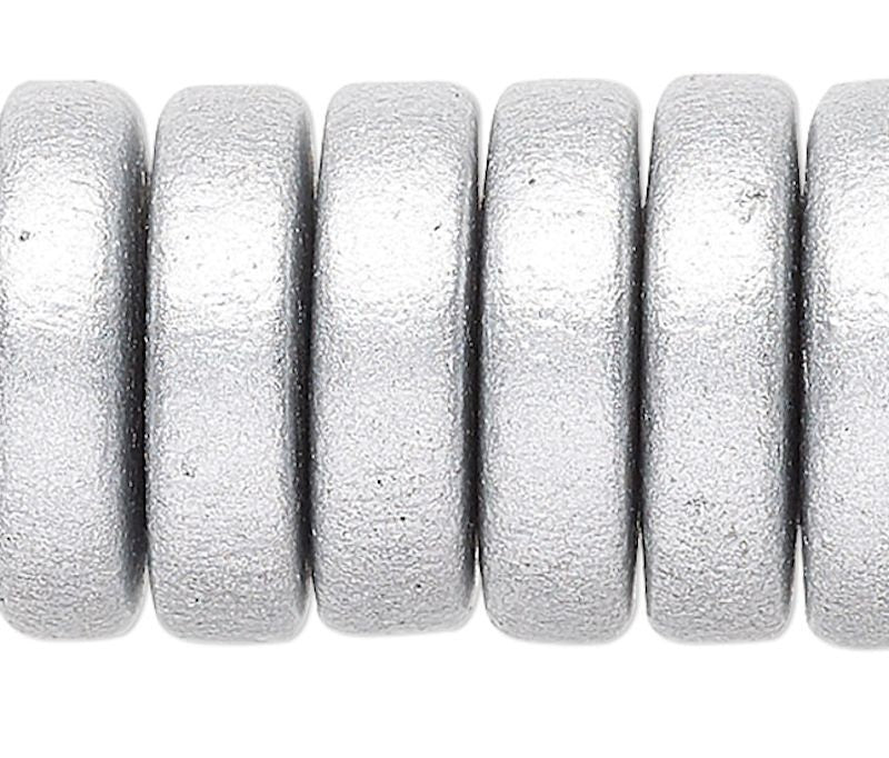 Bead, 8 Inch Strand Wood Metallic Silver 15x4mm Rondelle Disc Beads