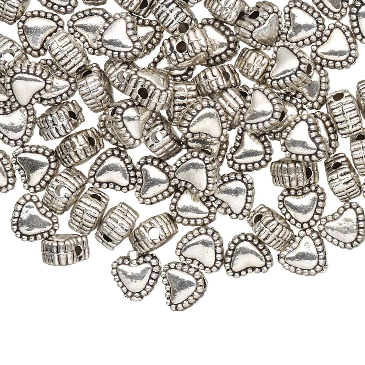 Antiqued Silver Plated Pewter Double-Sided Heart Beads, 6x5mm, 100 pcs