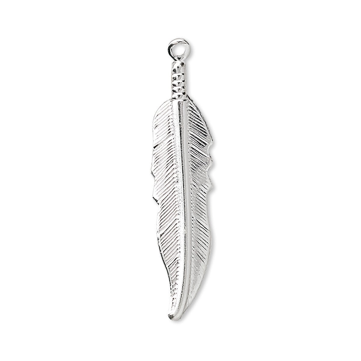 A silver feather pendant charm with detailed textured barbs and a hanging loop at the top, shown on a plain white background.