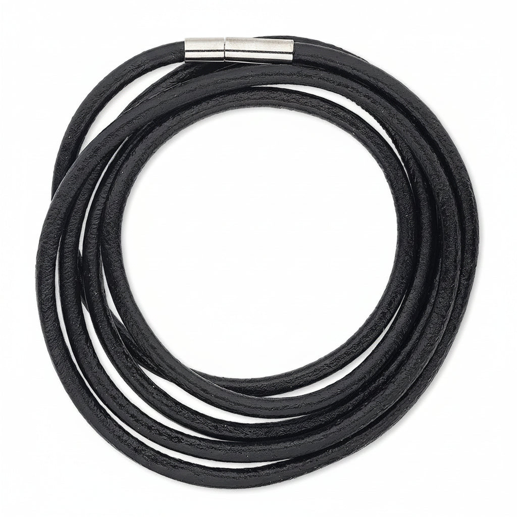 Black Leather Wrap Bracelet with Rhodium Plated Brass Pop Clasp, 36 inch, 1 pc
