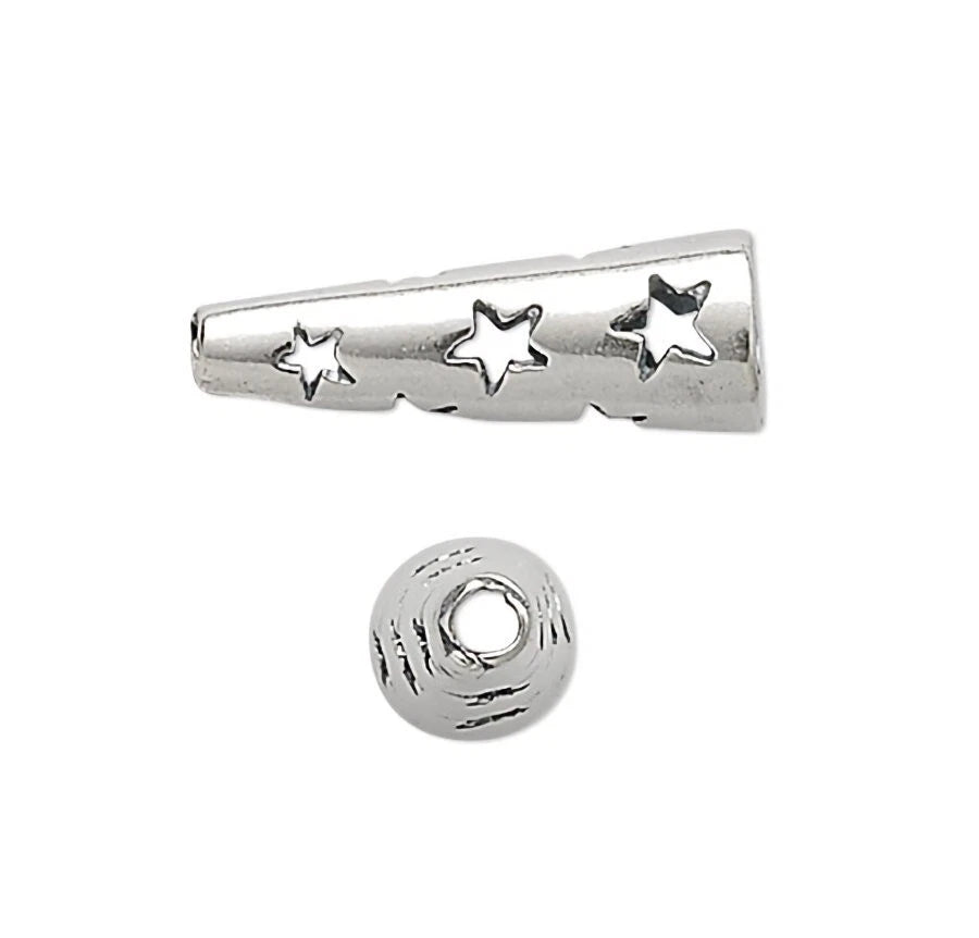 JBB Antiqued Sterling Silver Cone Bead Caps with Cutout Stars, 13.5x5mm, 2 pcs