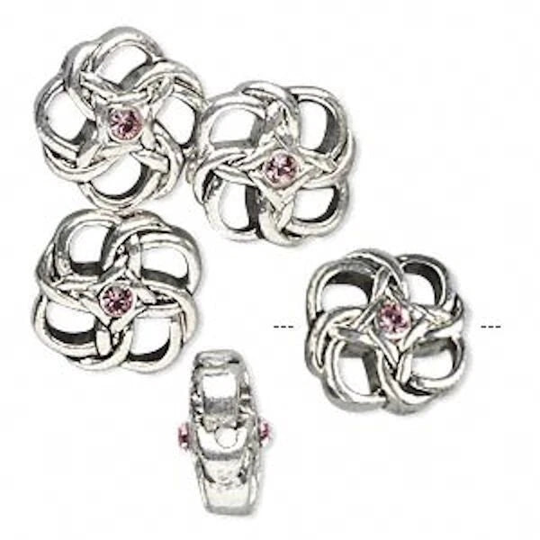 Silver Plated 14mm Celtic Square Beads with Light Rose Swarovski Crystals, 5 pcs