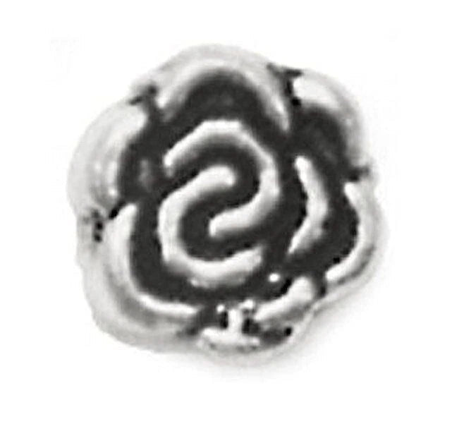 A small metallic charm shaped like a spiral path inside a flower, shown on a plain white background with the text 'The Mystical Garden Path' underneath.