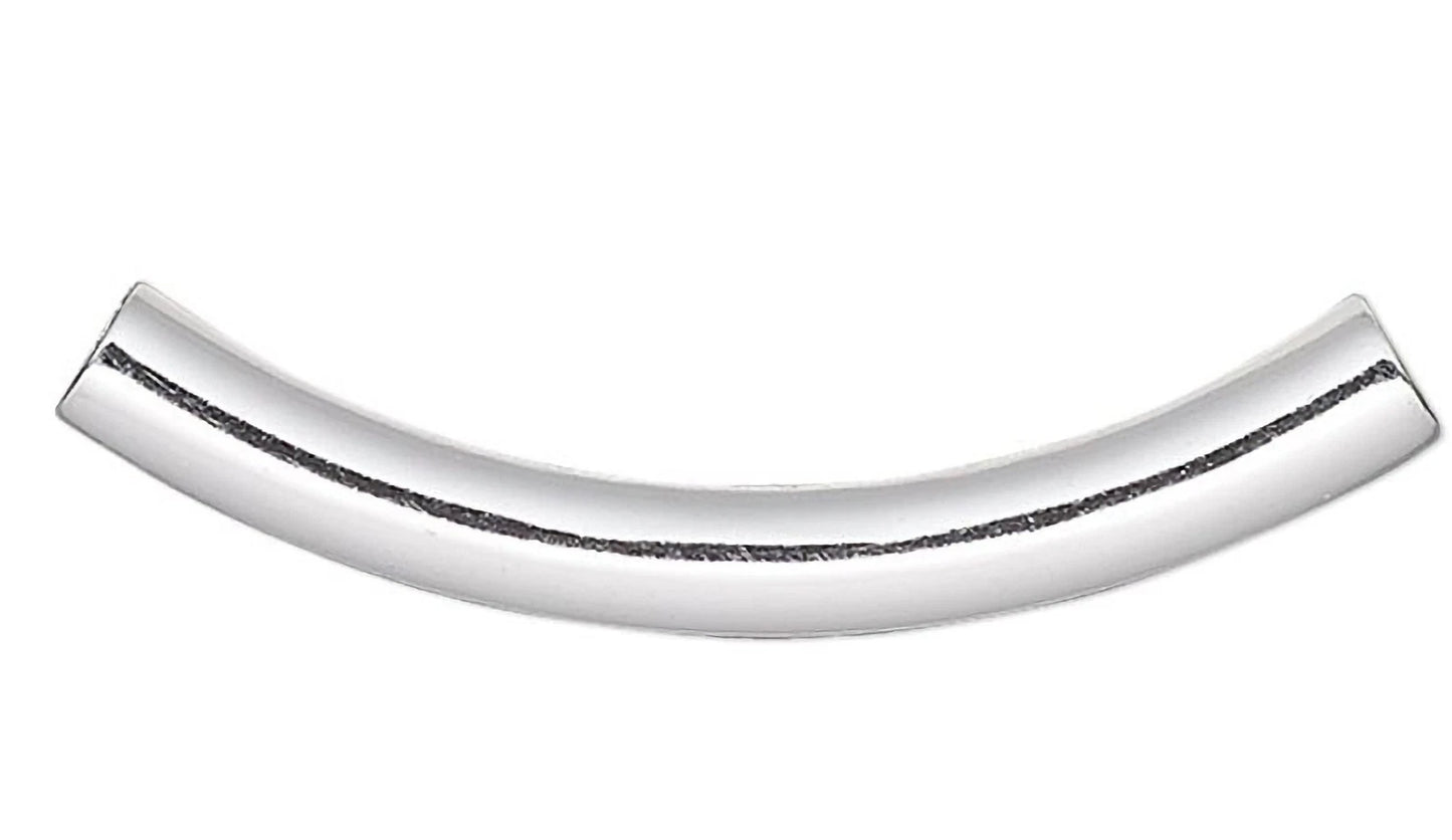 BeadSmith Silver Plated Brass Curved Tube Noodle Beads, 26x3.2mm 2mm Hole - Pack of 12