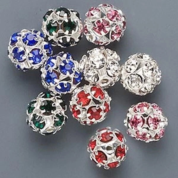 Silver Plated Brass Filigree Round Rhinestone Bead Mix, 10mm, 10 pcs