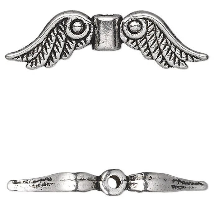 Antiqued Silver Plated Pewter Double-Sided Angel Wing Beads, 23x6mm, 20 pcs