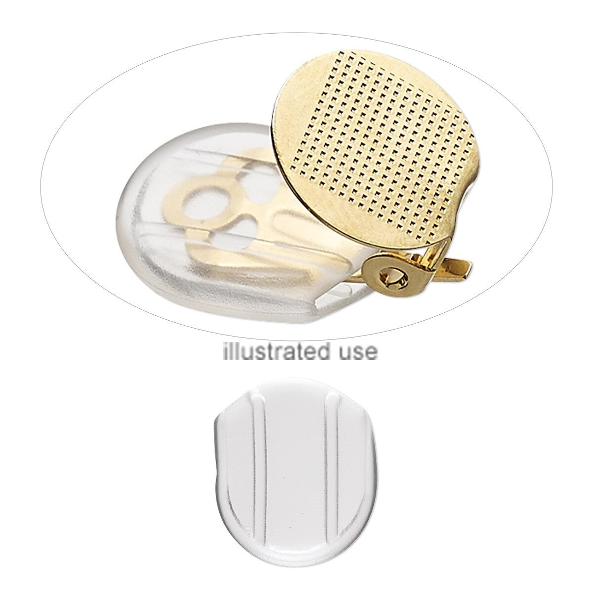 A close-up of a small gold and clear accessory with a perforated circular top and a small clip, shown above a separate white oval insert labeled 'illustrated use' on a white background.