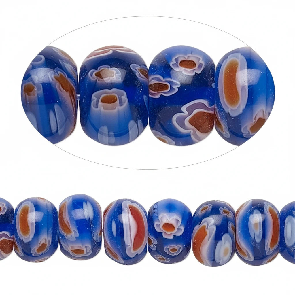 Blue glass beads with white and RED patterns on a white background