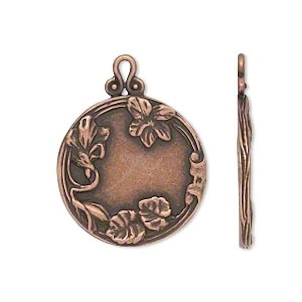 Antiqued Copper Plated Brass Flat Round Pendant with Flowers & Leaves, 22mm