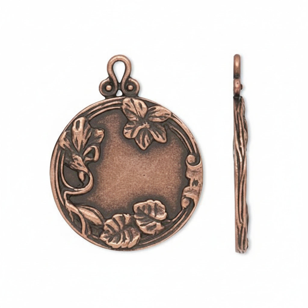 Antiqued Copper Brass Flat Round Pendant Flowers & Leaves 22mm