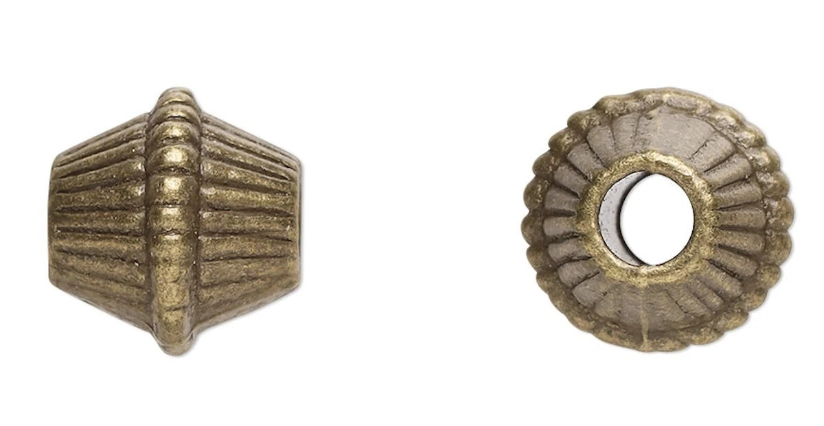 Antiqued Brass Plated Pewter 9x9mm Corrugated Bicone Beads, 20 pcs