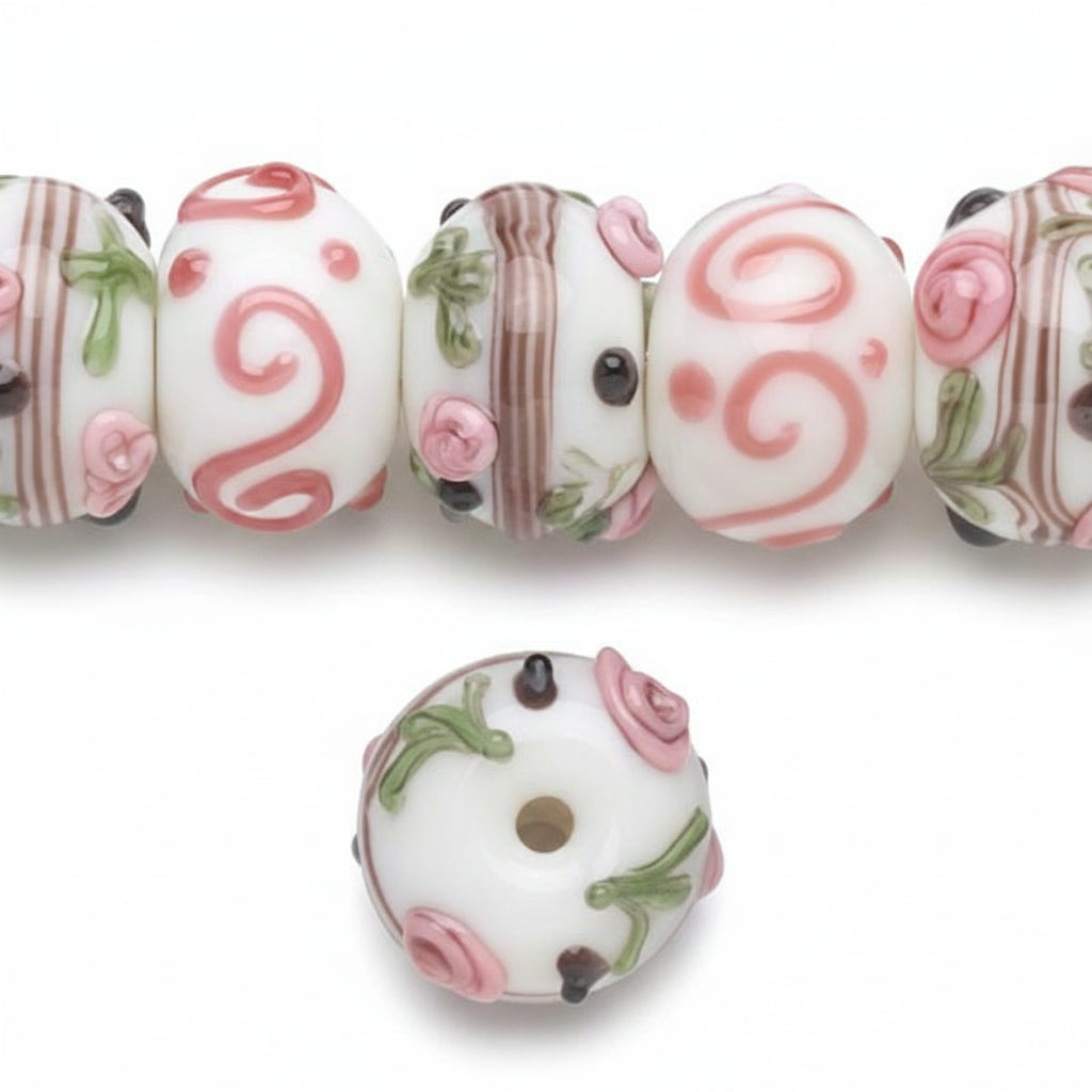 Lampwork Glass Rondelle Beads, White/Pink/Black Daisy & Swirl, 20 pcs