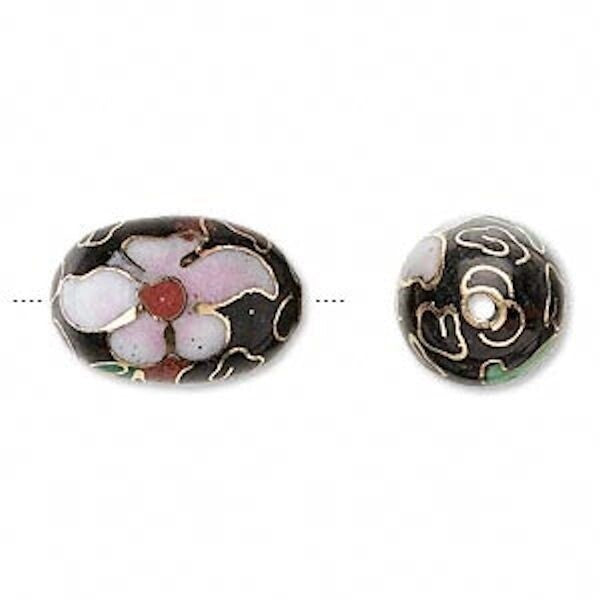 Black & Pink Cloisonné Oval Beads 18x12mm, 4 pcs
