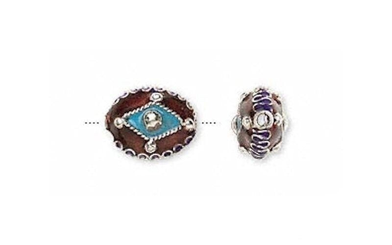 Brown & Turquoise Cloisonné Oval Beads 14x12mm, 2 pcs