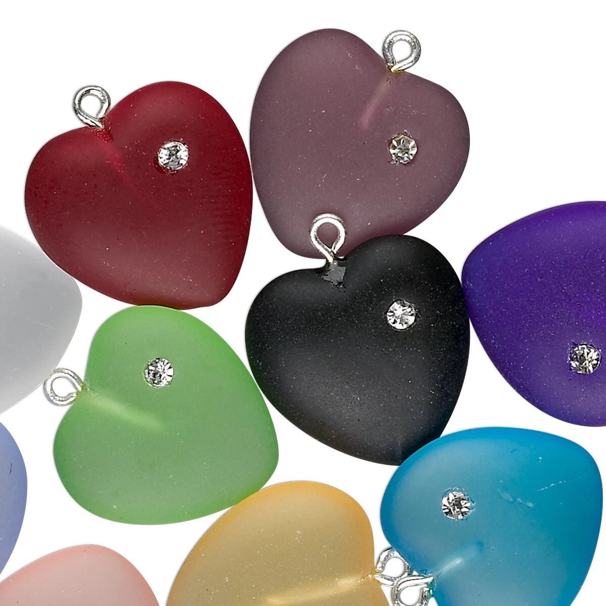 Czech Frosted Glass Heart Charms with Cubic Zirconia, 16mm, Assorted Colors, 10 pcs