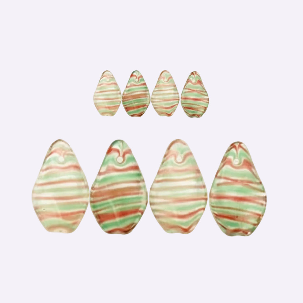 Czech Pressed Glass Flat Twist Beads 17x11mm Clear Red Green Pin Stripe – 50 pcs