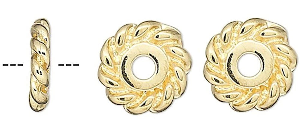 Gold Plated Pewter Twisted Rope Rondelle Beads, 7x2mm, 24 pcs